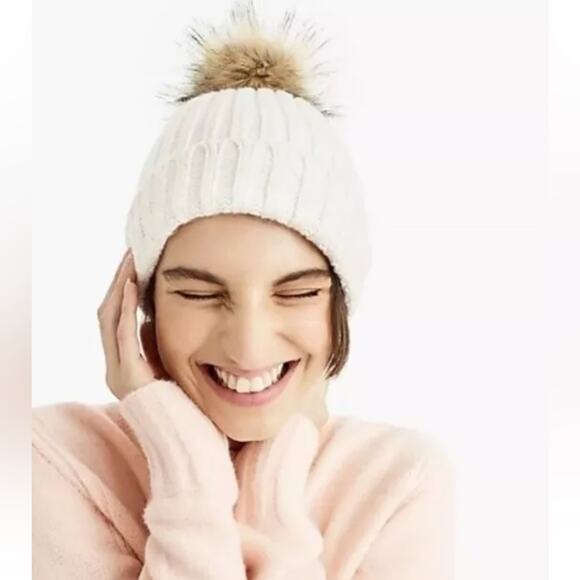 J. Crew Winter Beanie Ribbed With Faux Fur Pom Pom - Picture 1 of 9